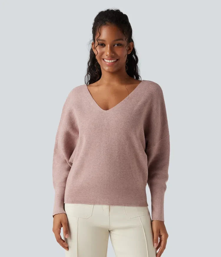 V Neck Long Sleeve Casual Jumper-Front and Back Wearable