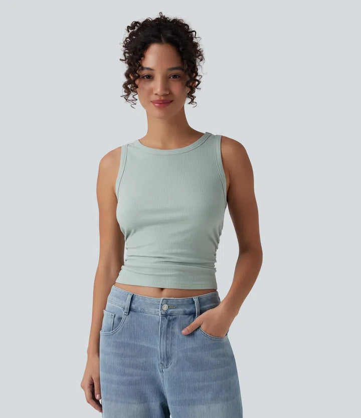 Ribbed Knit Round Neck Ruched Casual Tank Top