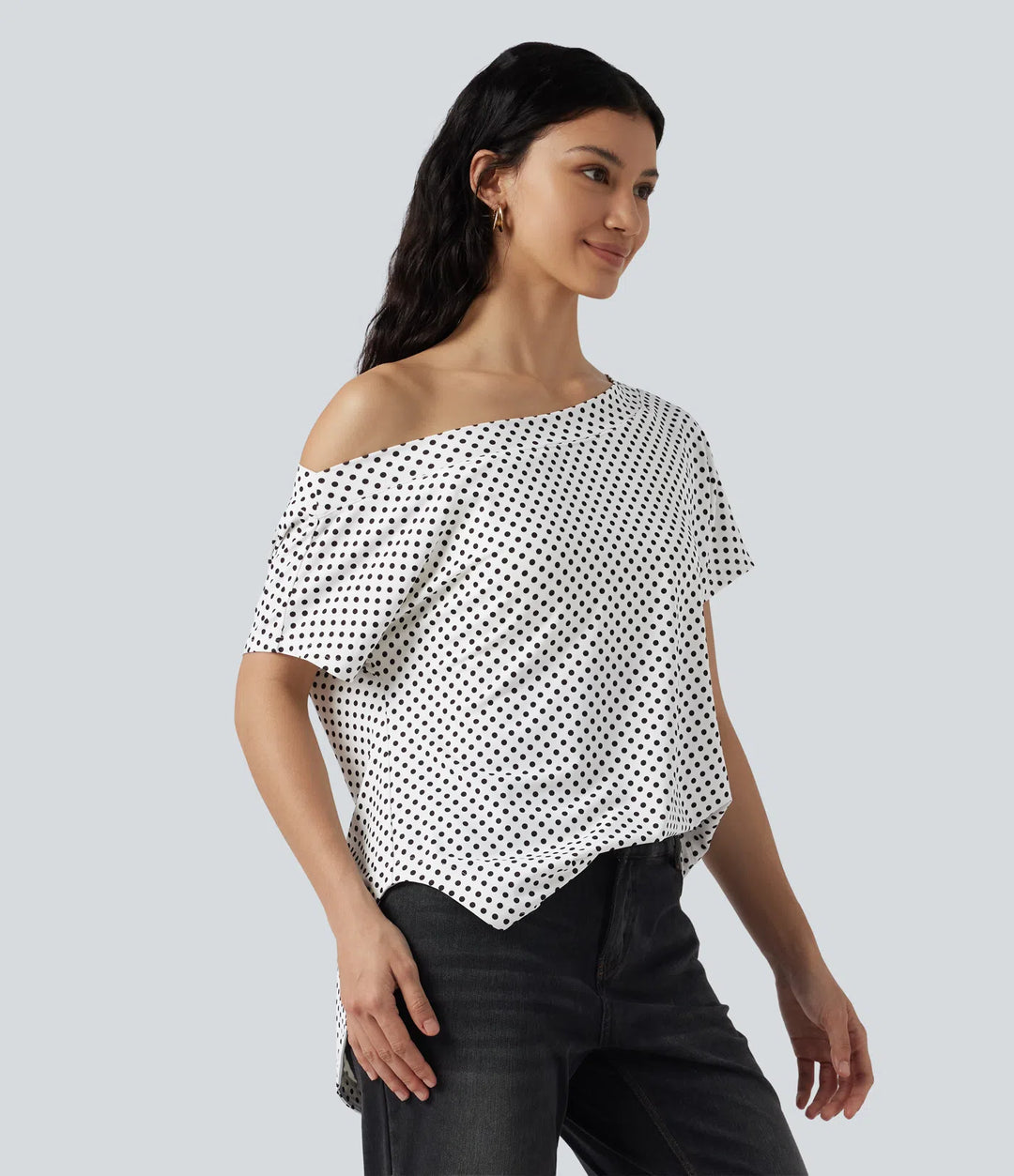 One Shoulder Short Sleeve Curved Hem High Low Built-in Bra Polka Dot Casual Top