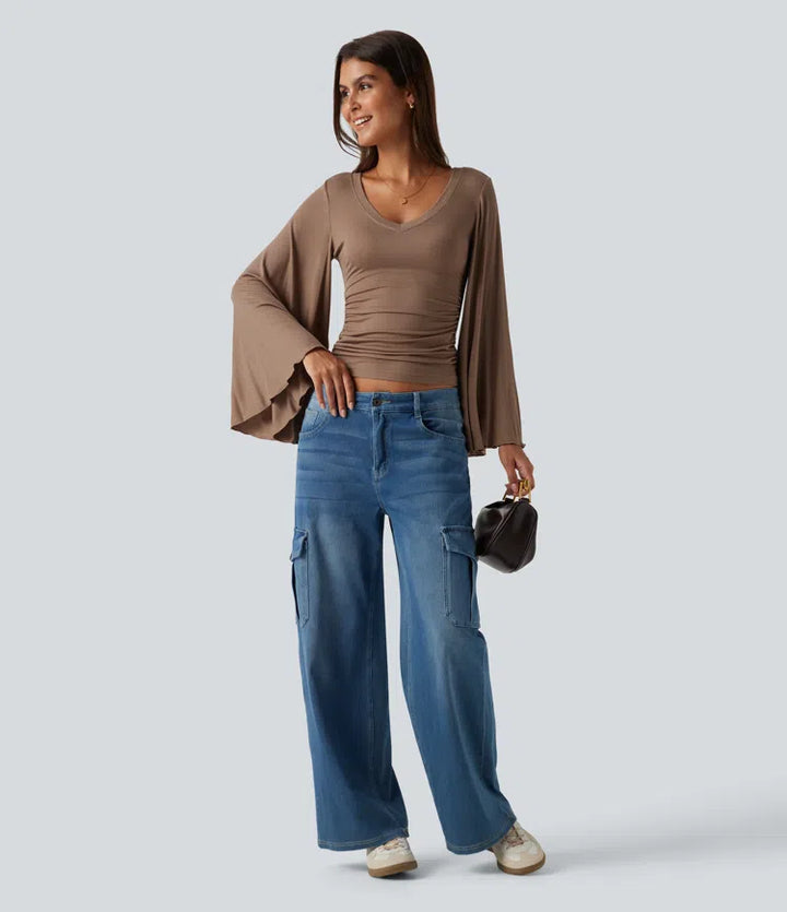 Ribbed V Neck Flounce Sleeve Ruched Casual T-Shirt