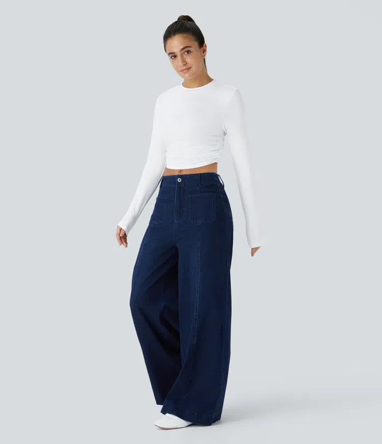 Round Neck Long Sleeve Ruched Skinny Cropped Casual Top