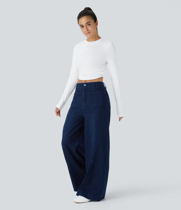 Round Neck Long Sleeve Ruched Skinny Cropped Casual Top