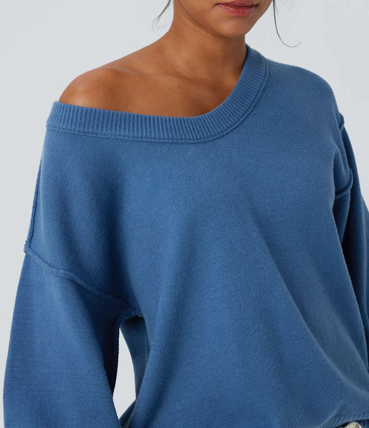 V Neck Dropped Shoulder Long Sleeve Split Casual Jumper