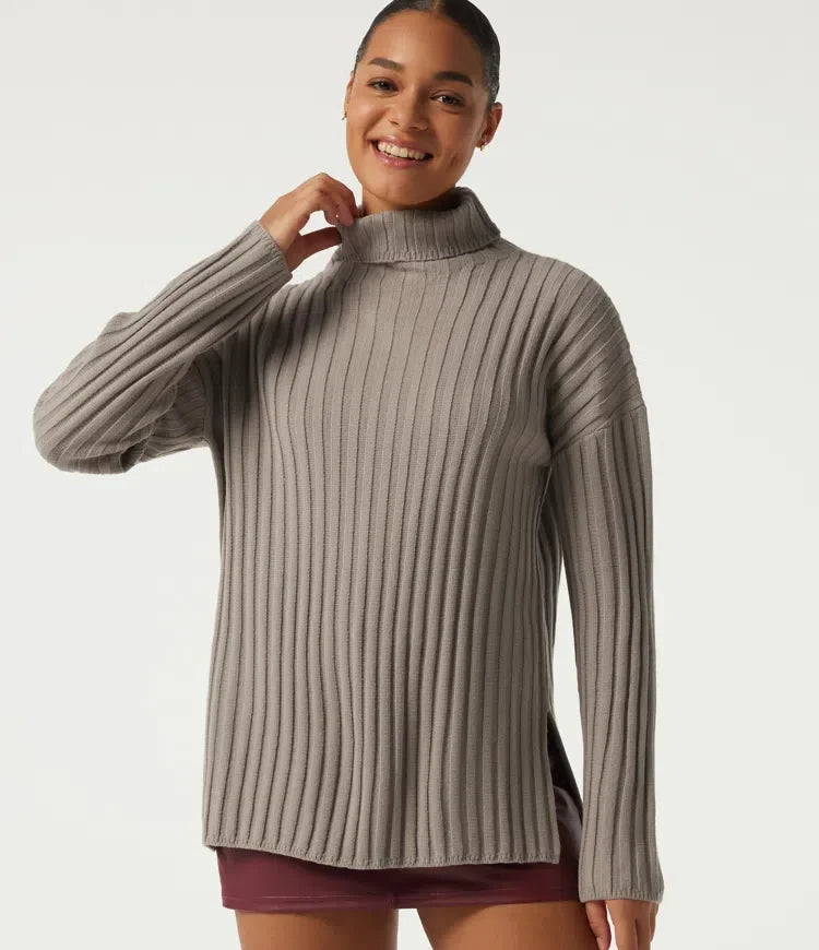 Ribbed Knit High Neck Dropped Long Sleeve Work Jumper