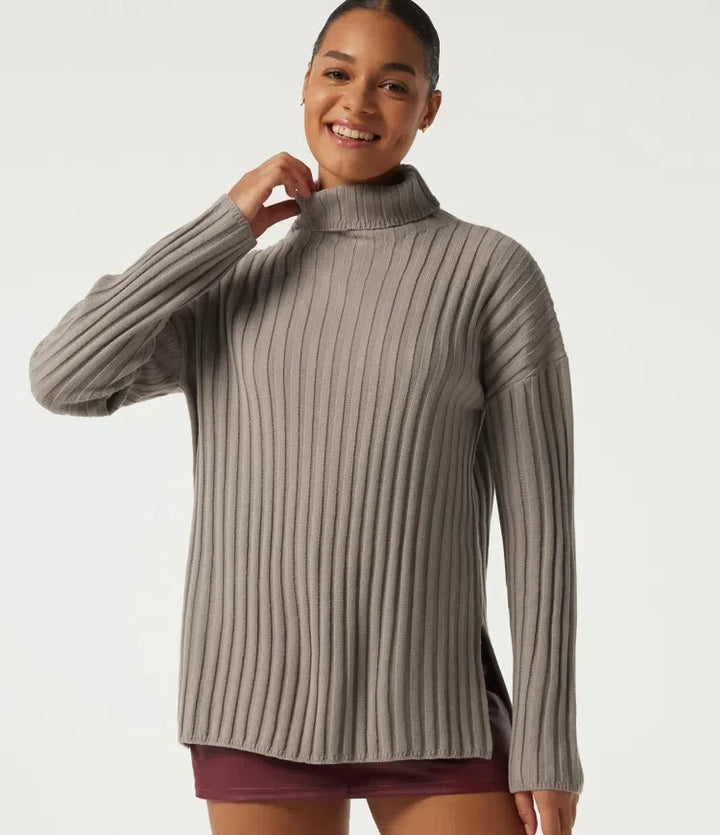 Ribbed Knit High Neck Dropped Long Sleeve Work Jumper