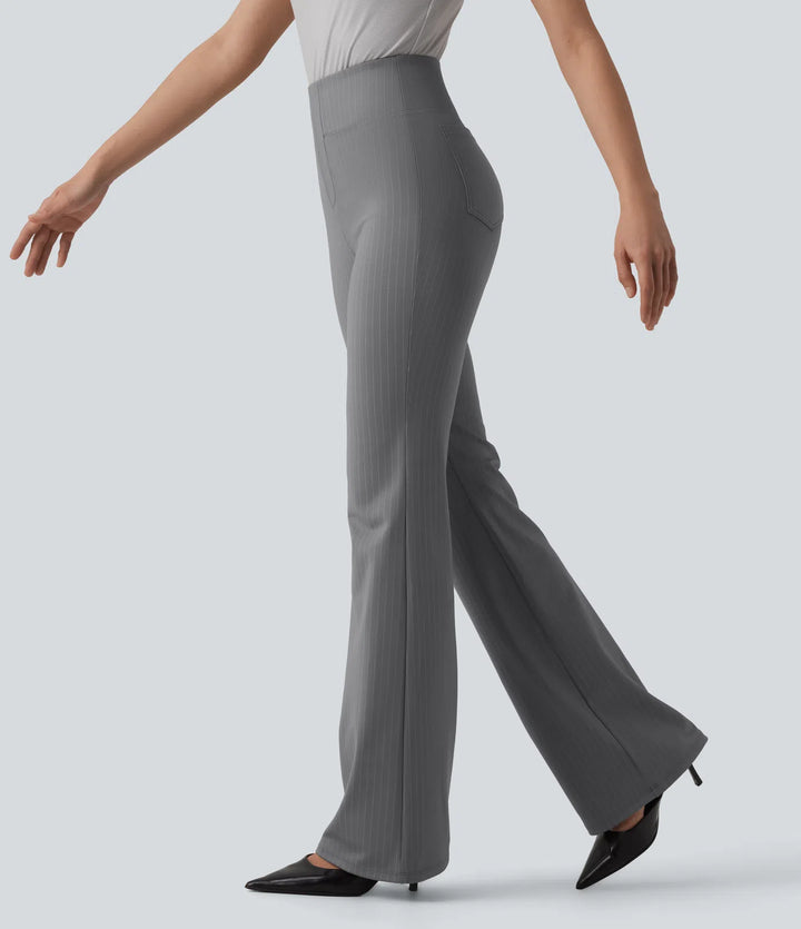High Waisted Stripe Flare Work Trousers with Pockets