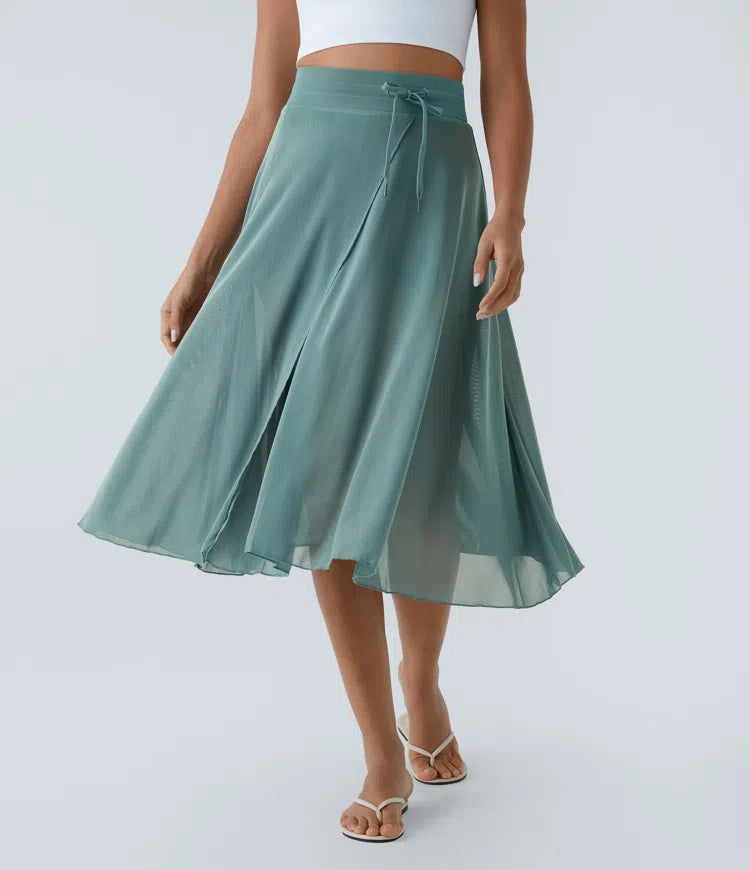 High Waisted Drawstring Contrast Mesh 2-in-1 Pocket Flowy Midi Flare Casual Skirt