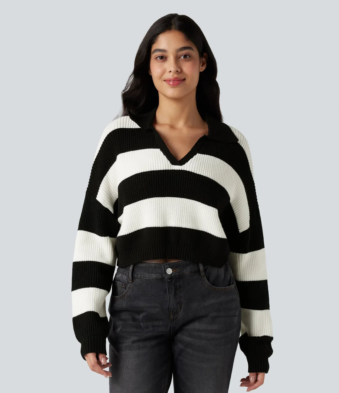 V-neck Long Sleeve Stripe Relaxed Casual Jumper