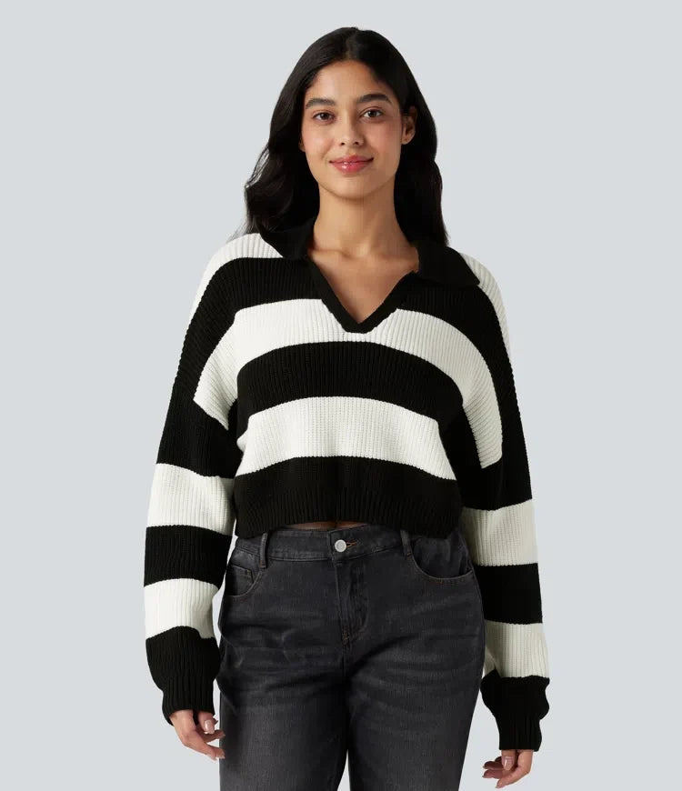 V-neck Long Sleeve Stripe Relaxed Casual Jumper