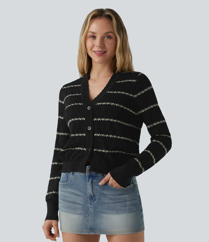 V Neck Long Sleeve Color Block Jumper Knit Cardigan