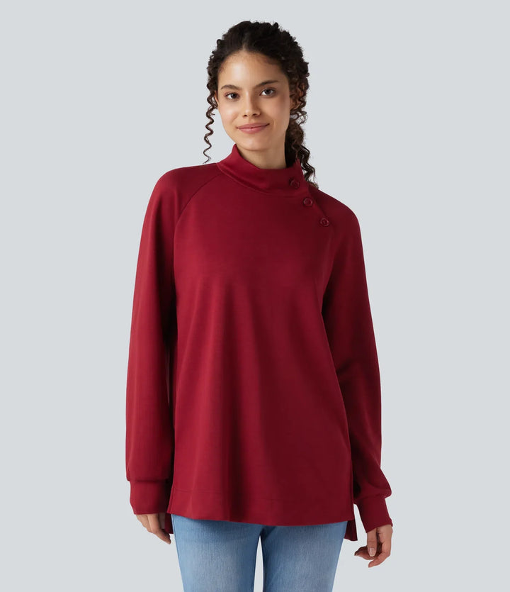 Mock-neck Long Sleeve Split High-Low Relaxed Casual Sweatshirt