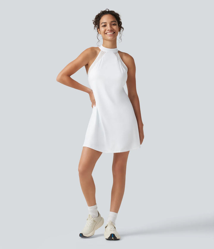 SoftlyZero Airy Tie Back Built-in Bra 2-in-1 InstantCool Mini Yoga Active Dress with Pocket-Longer Length