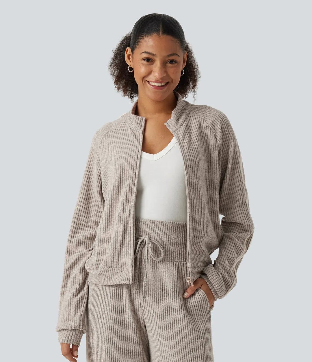 Ribbed Knit Stand Collar Side Stripe Long Sleeve Casual Track Jacket with Pockets