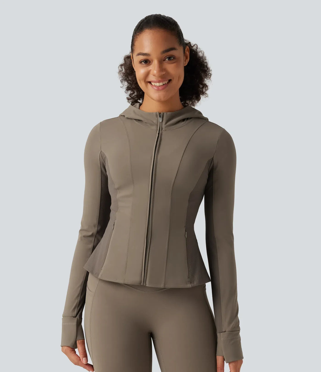 Halara UltraSculpt Hooded Long Sleeve Ruffle Hem Yoga Track Jacket with Pockets and  Thumb Holes