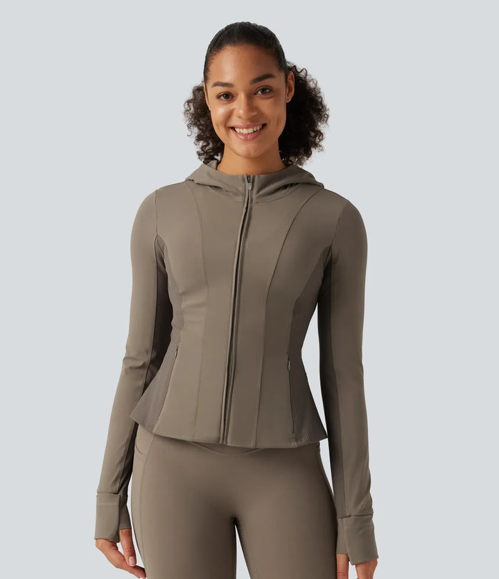 Halara UltraSculpt Hooded Long Sleeve Ruffle Hem Yoga Track Jacket with Pockets and  Thumb Holes