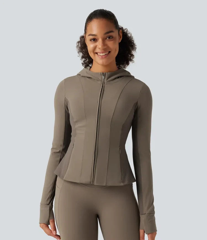 Halara UltraSculpt Hooded Long Sleeve Ruffle Hem Yoga Track Jacket with Pockets and  Thumb Holes