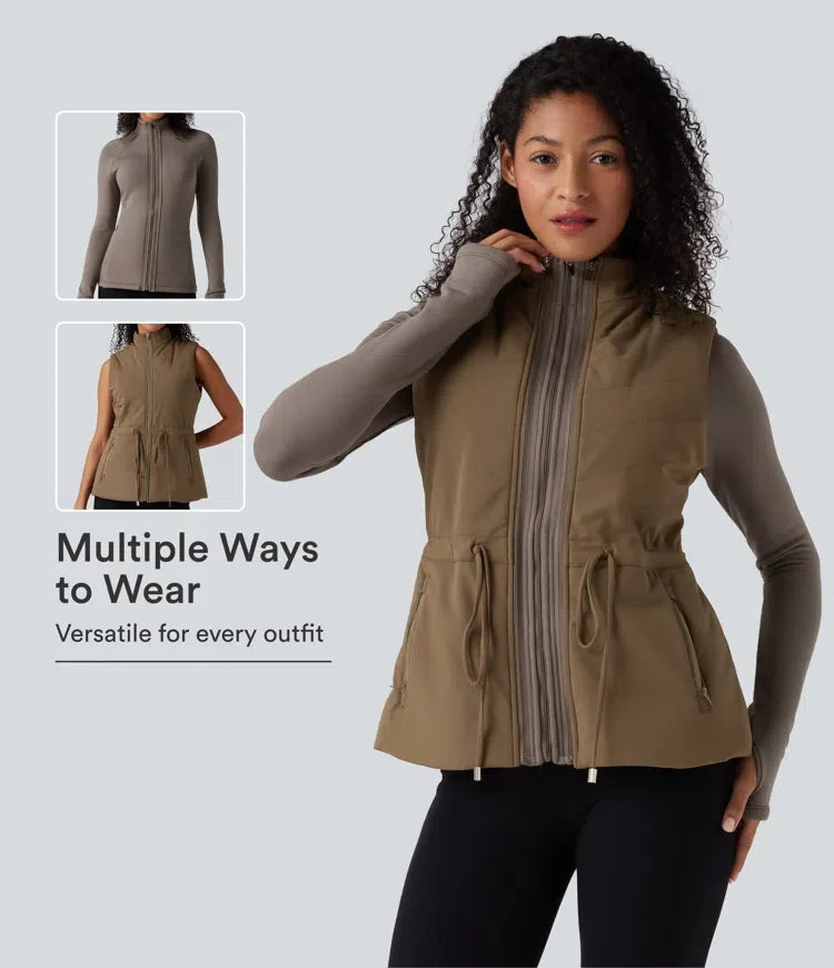 PuffFlex 3-in-1 High-Neck Long Sleeve Thumb Holes Fleece Jacket &amp;Quilted Vest with Pockets