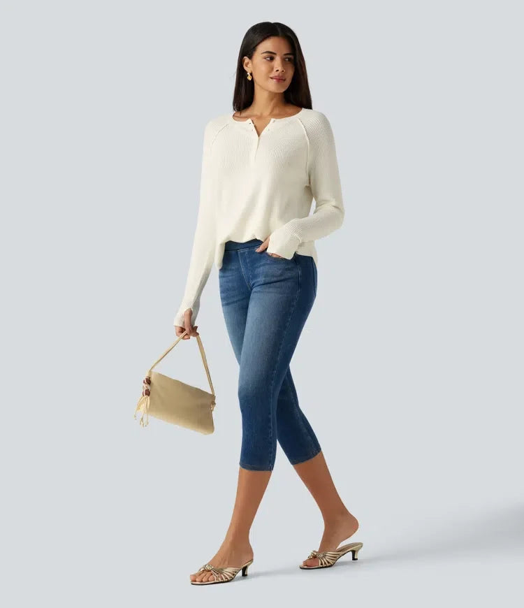Henley Neck Long Sleeve Thumb Hole Curved Hem Casual Jumper