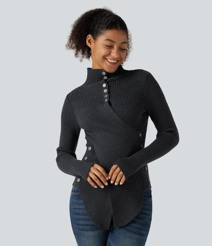 Ribbed Knit High Neck Long Sleeve Thumb Hole Crossover Hem Slim Work Jumper
