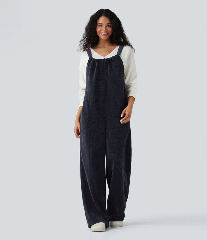 Tie Back Chenille Waffle Casual Overalls with Pockets
