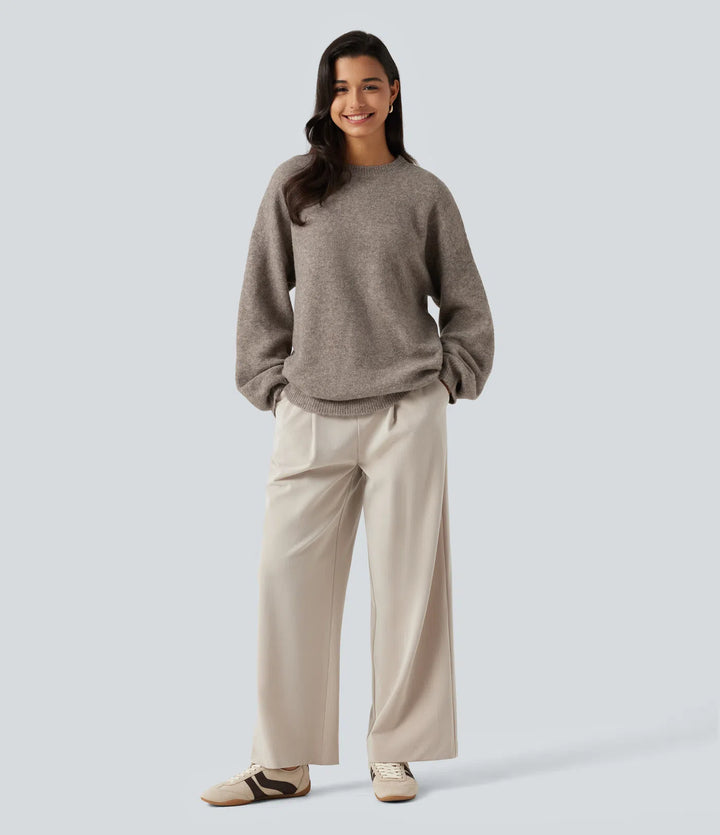 Round Neck Dropped Long Sleeve Work Wool-Blend Jumper