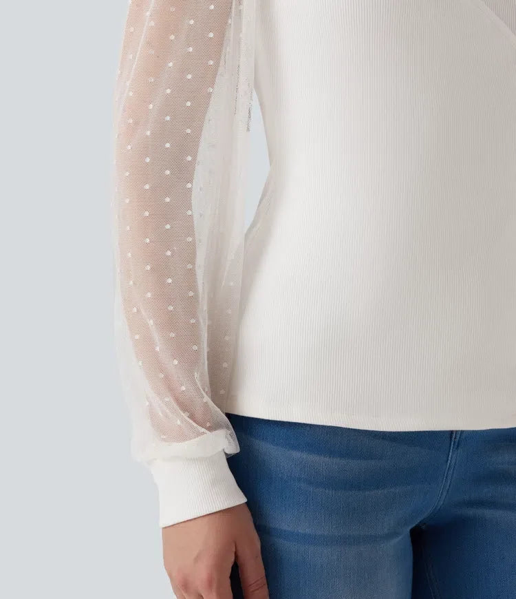 V Neck Long Sleeve Polka Dot Contrast Mesh Casual Blouse