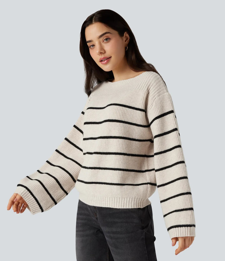 Boat Neck Long Sleeve Stripes Work Jumper