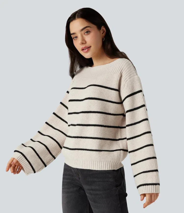 Boat Neck Long Sleeve Stripes Work Jumper