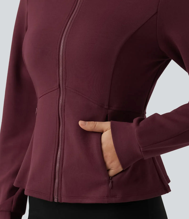 SpacerTek Stand Collar Zip Fly Long Sleeve Ruffle Hem Yoga Jacket with Pockets