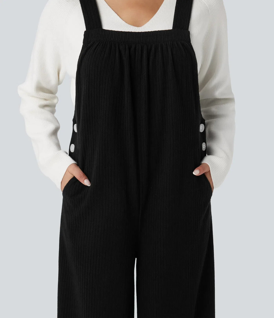 Ribbed Square Neck Casual Overalls with Pockets