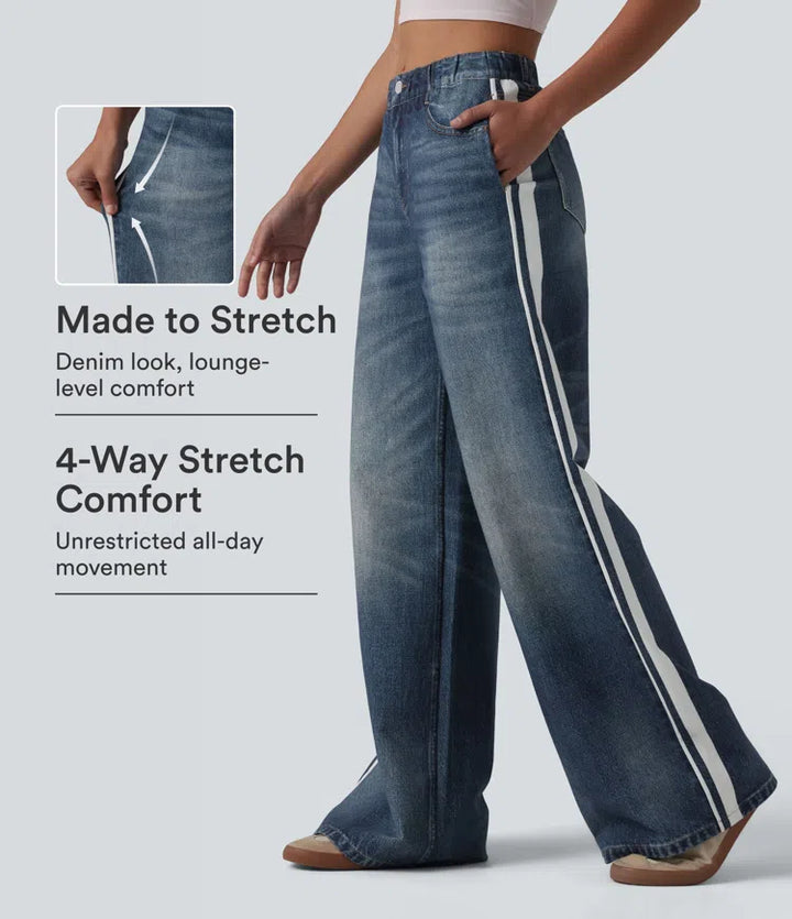 Mid Rise Denim Print French Terry Stripe Casual Sweattrousers Jeans with Pockets