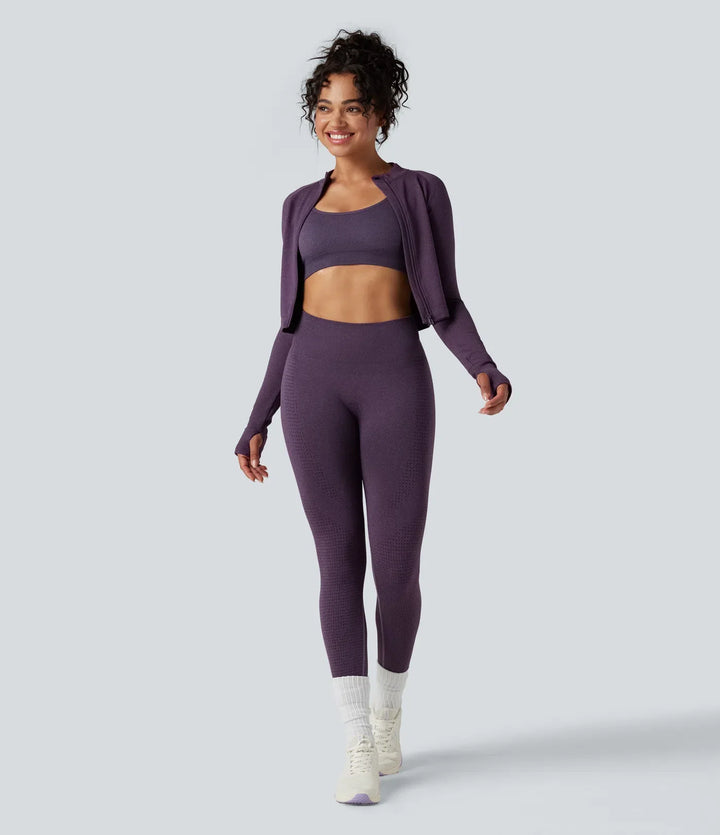Seamless Flow Stand Collar Long Sleeve Thumb Holes Slim Cropped Yoga Jacket