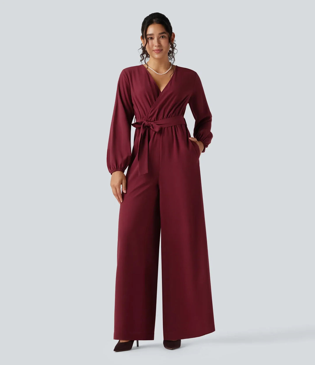 V-neck Puff Long Sleeve Belted Wide Leg Party Jumpsuit with Pockets
