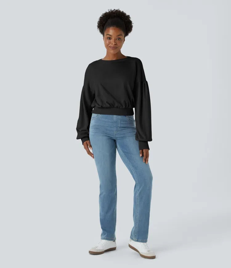 Round Neck Dropped Shoulder Bishop Sleeve Relaxed Casual Sweatshirt