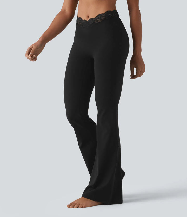 Halara UltraSculpt V-Shaped High Waisted Contrast Lace Yoga Flare Leggings with Pockets