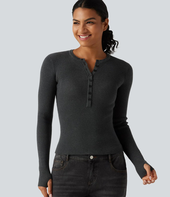 Henley Neck Long Sleeve Thumb Hole Work Wool-Blend Jumper
