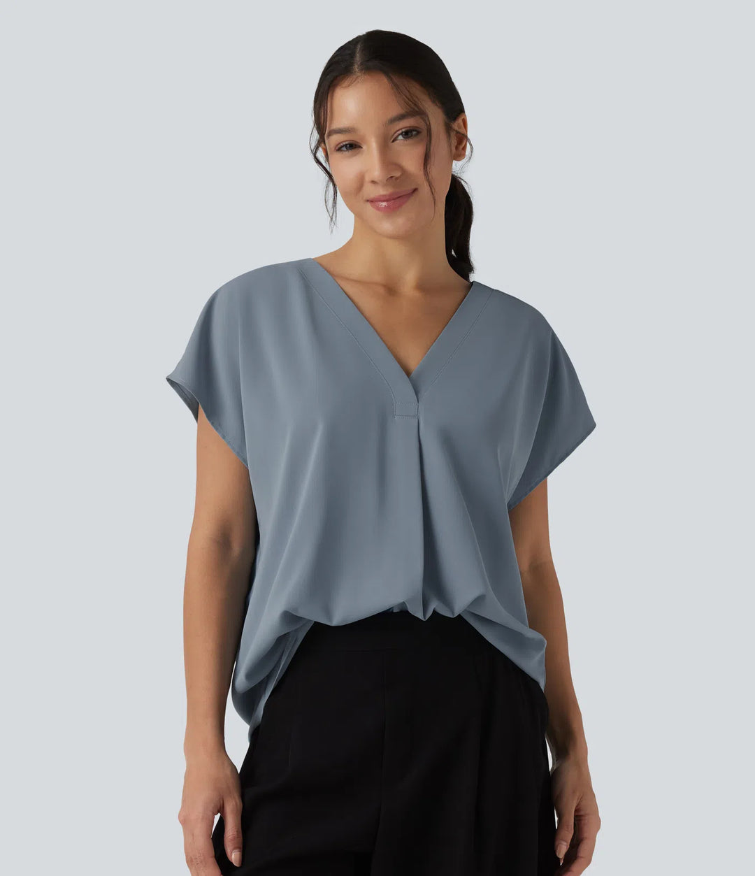 Wrinkle Recovery V-neck Short Sleeve Oversized Work Blouse