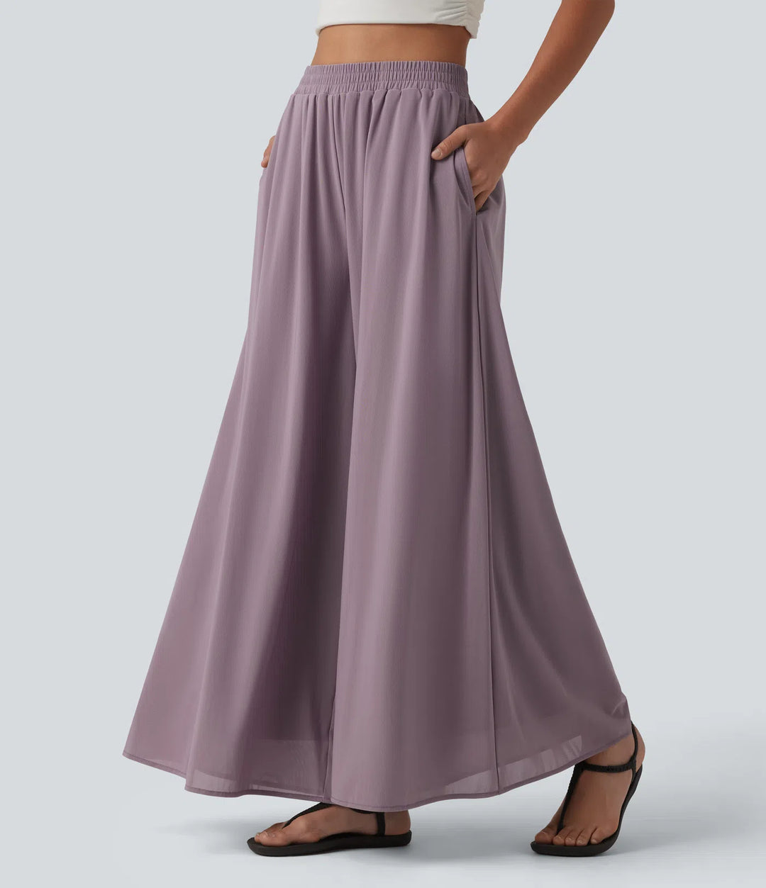 High Waisted Pocket Mesh Overlay Wide Leg Casual Trousers