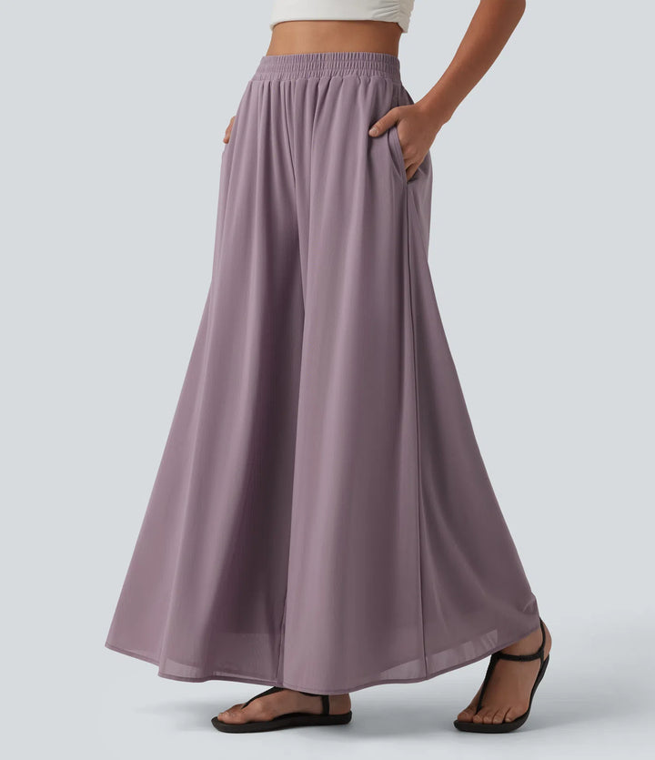High Waisted Pocket Mesh Overlay Wide Leg Casual Trousers