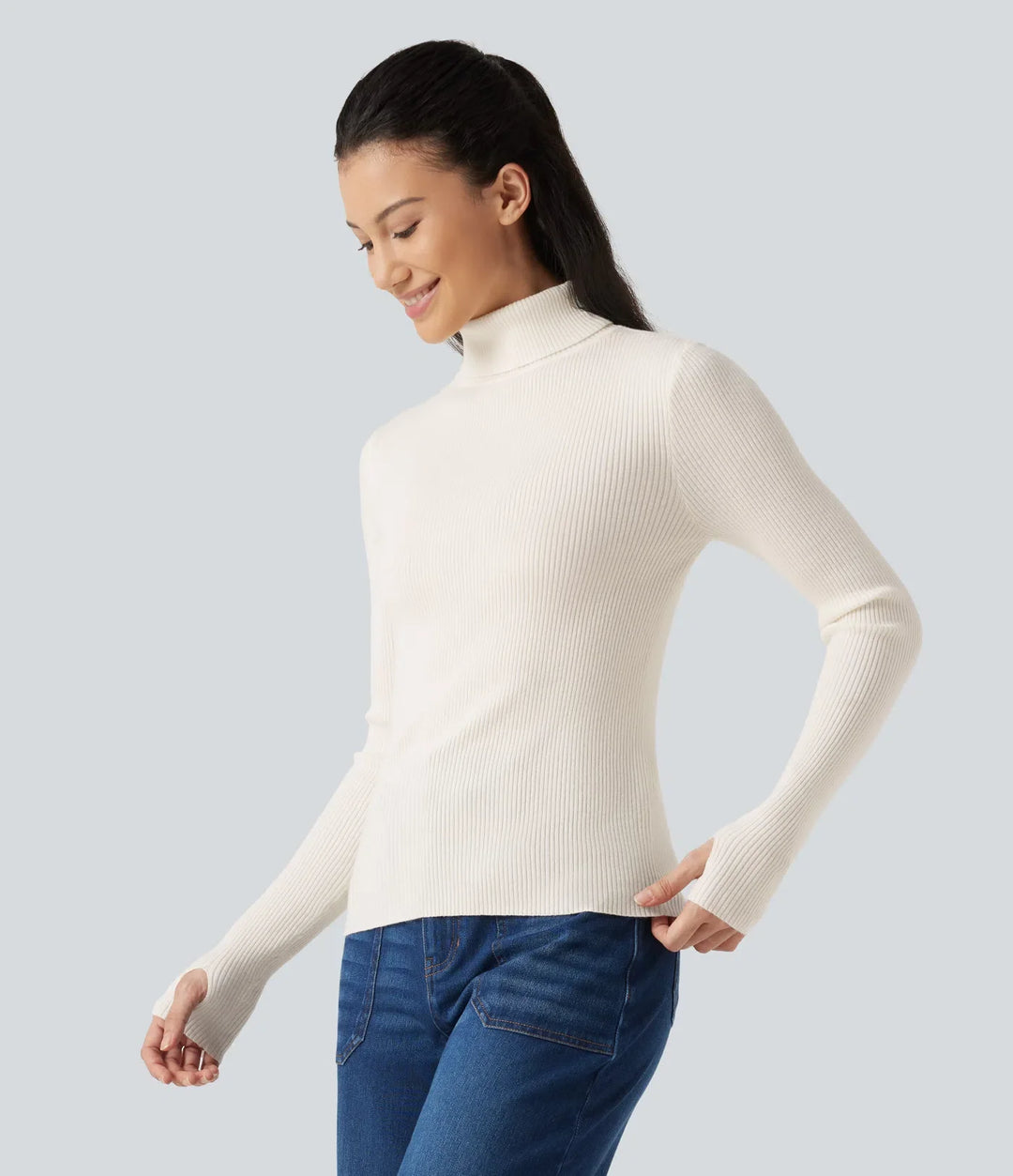 High Neck Long Sleeve Thumb Hole Work Wool-Blend Jumper