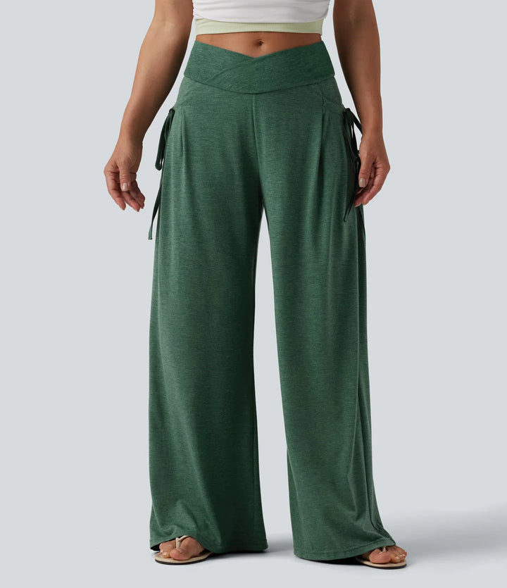 High Waisted Crossover Lace Up Wide Leg Heathered Casual Trousers with Pockets