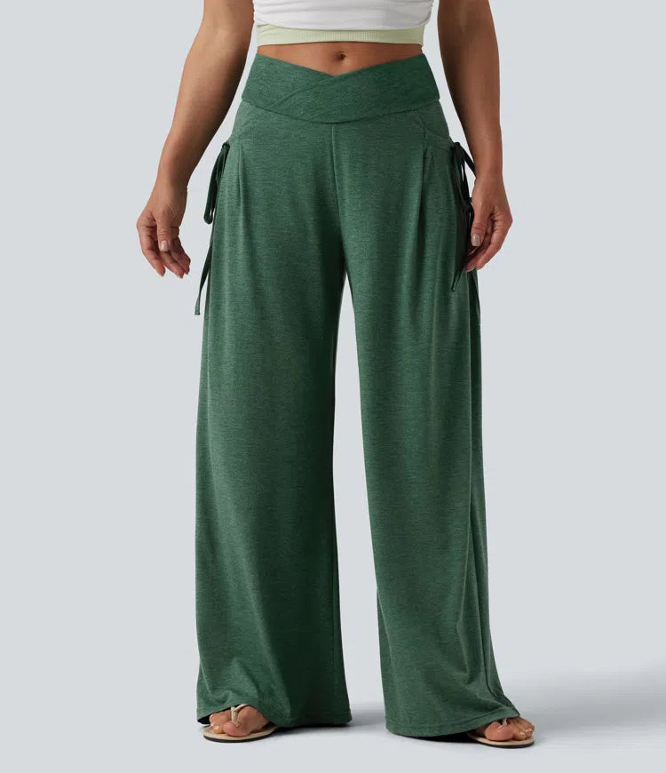 High Waisted Crossover Lace Up Wide Leg Heathered Casual Trousers with Pockets