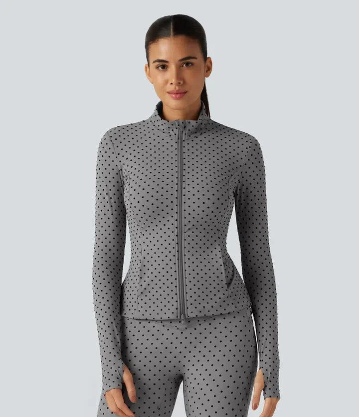 Halara UltraSculpt Stand Collar Long Sleeve Thumb Hole Pleated Polka Dot Yoga Jacket with Pockets