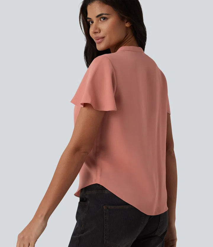 V-neck Flounce Sleeve Curved Hem Casual Blouse