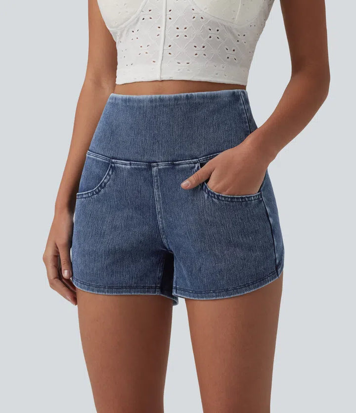 Halara Flex High Waisted Tummy Control Curved Hem Skinny Denim Casual Shorts with Pockets