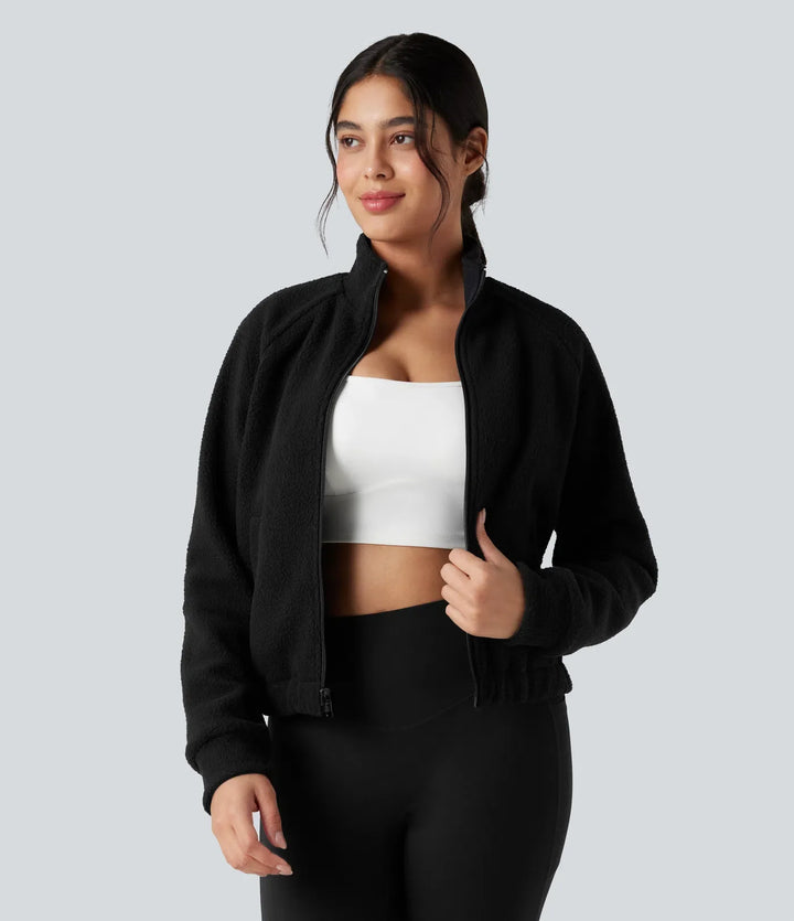 Reversible High Neck Long Sleeve Fleece Hiking Jacket with Pockets (Two Looks in One)