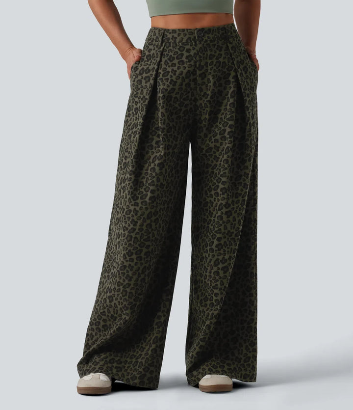 Mid Rise Wide Leg Baggy Leopard Print Casual Trousers with Pockets