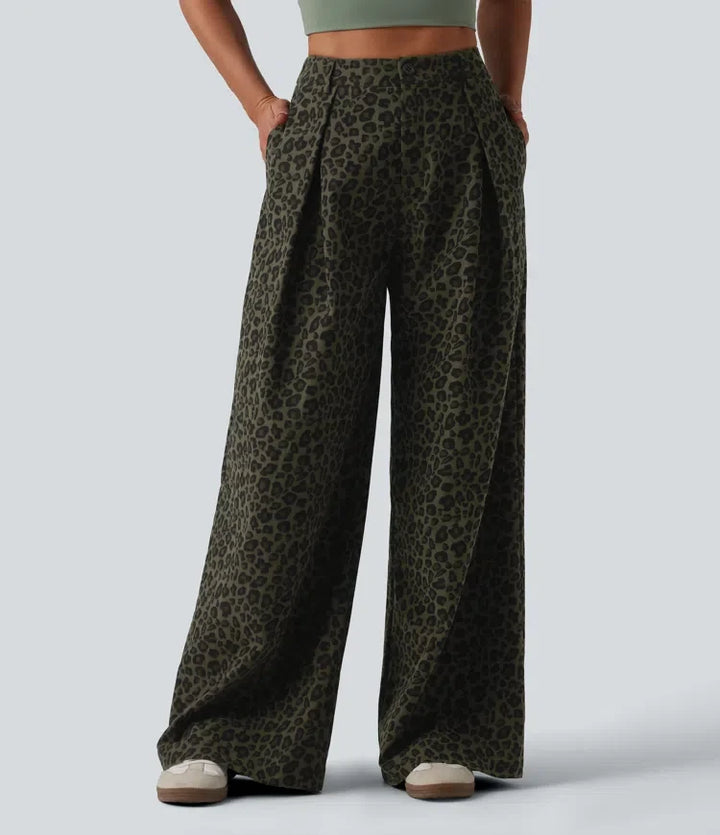 Mid Rise Wide Leg Baggy Leopard Print Casual Trousers with Pockets