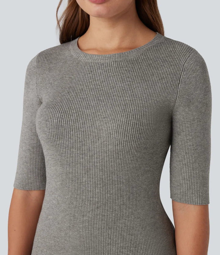 Ribbed Knit Round Neck Half Sleeve Work Jumper