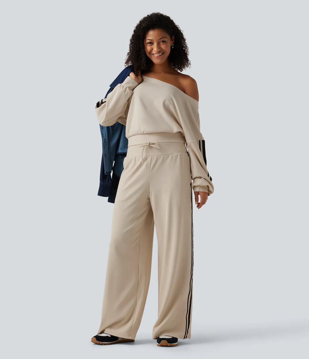 High Waisted Drawstring Wide Leg Side Stripe Waffle Casual Trousers with Pockets